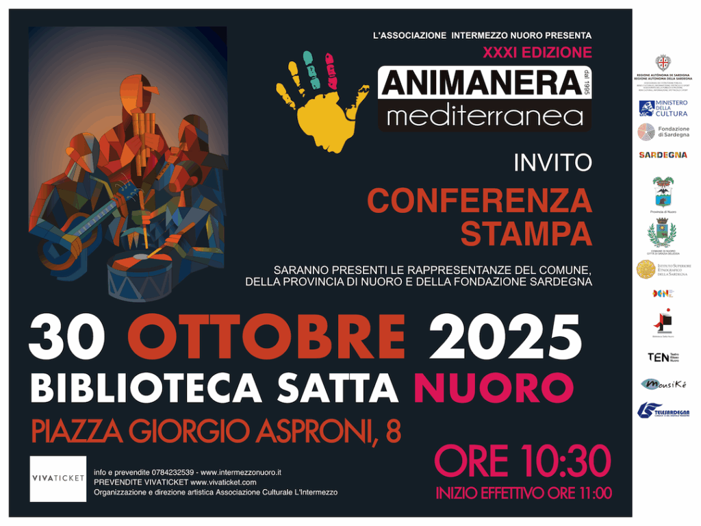 immagine dell'invito, grafica (dove sono  rappresentati musicisti artisticamente riprodotti) del festival più logo e info per l'evento, 30 ottobre 2025 liblioteca satta nuoro ore 10:30